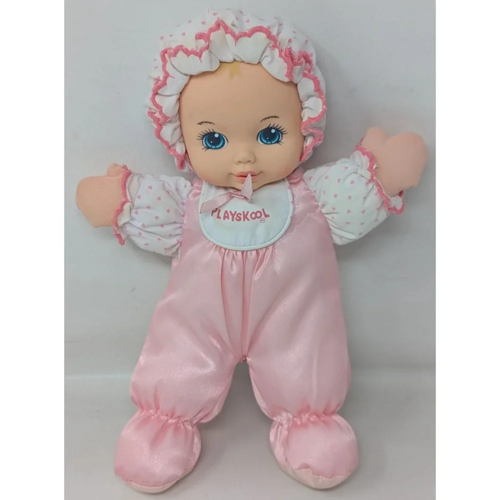 Vintage Playskool My Very Soft Baby Doll with Bonnet Pink Squeaker Plush Toy